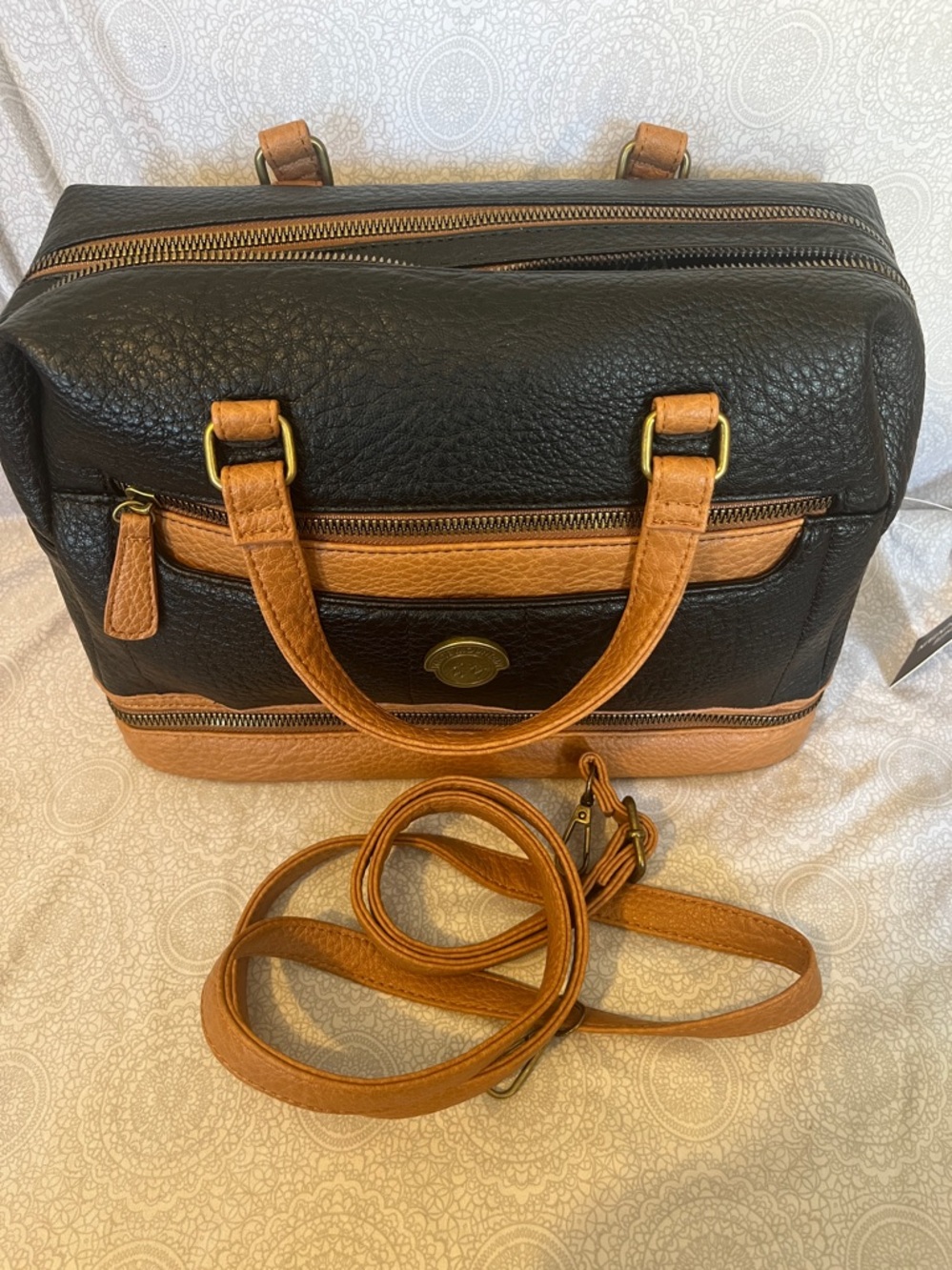 White Mountain Black and Tan Two-Tone Leather Duffel Bag